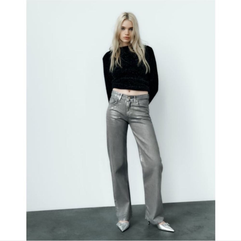 Zara Metallic Silver Wide-Leg Jeans